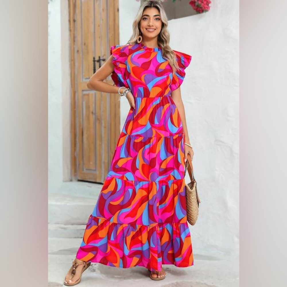 M NWT Abstract Print High Waist Ruffle Tiered Maxi Dress